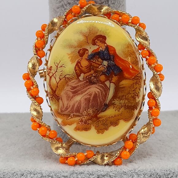 Vintage Romantic Scene Fragonard Style Brooch, Orange Bead Gold Frame, 2 Inches - Picture 7 of 9
